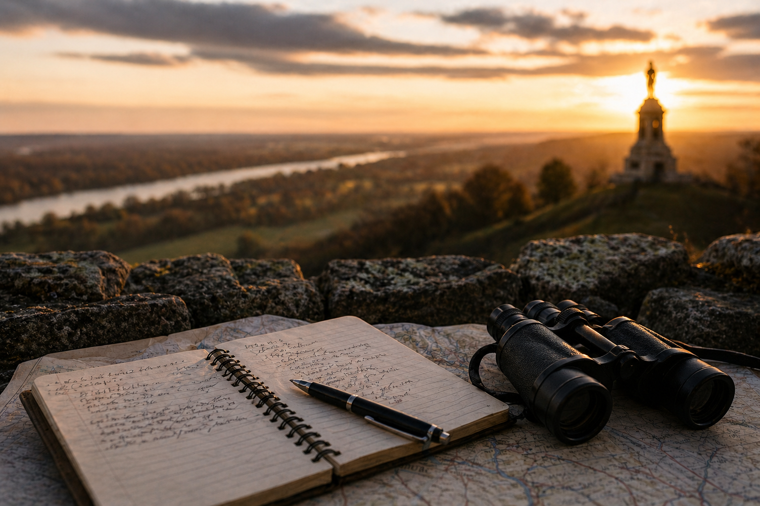 Battlefield leadership planning scene overlooking Fredericksburg, Virginia with map, notebook, and binoculars at sunset for The Weight of Command historical experience