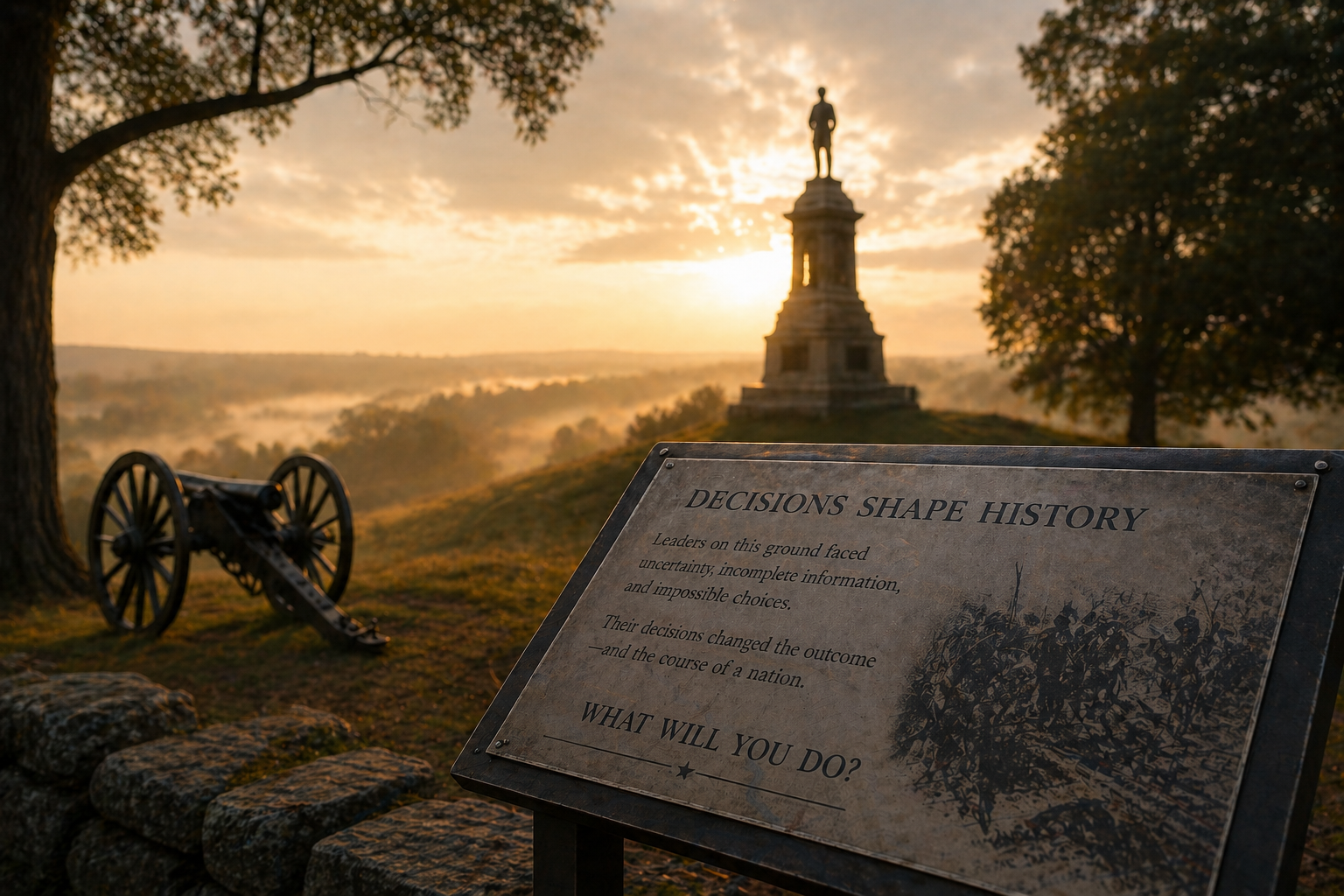 Historic battlefield leadership monument at sunrise in Fredericksburg, Virginia representing the critical decisions that shaped Civil War history